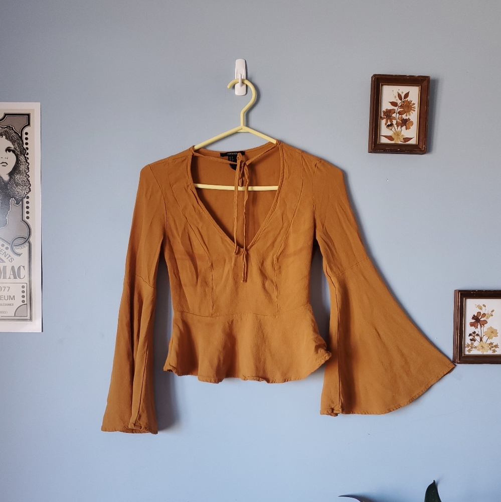 Forever 21 flare sleeve mustard color peplum blouse